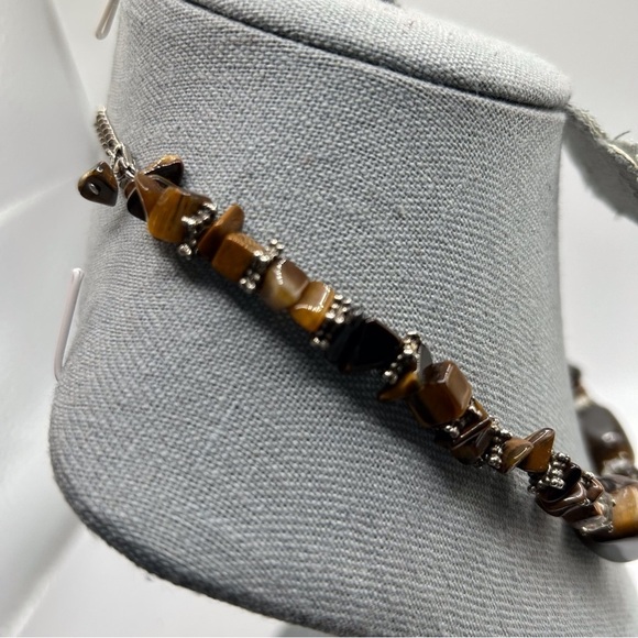 Genuine Tiger's Eye Genuine Stone Beaded Necklace with Silver Tone Spacers 17" - Picture 3 of 11